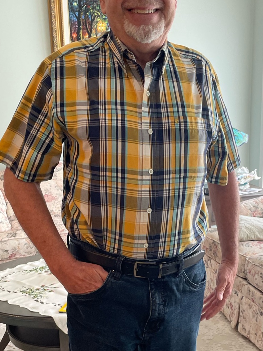 Izod Multicolor Plaid Button up Shirt with Yellow, Teal & Black Accents